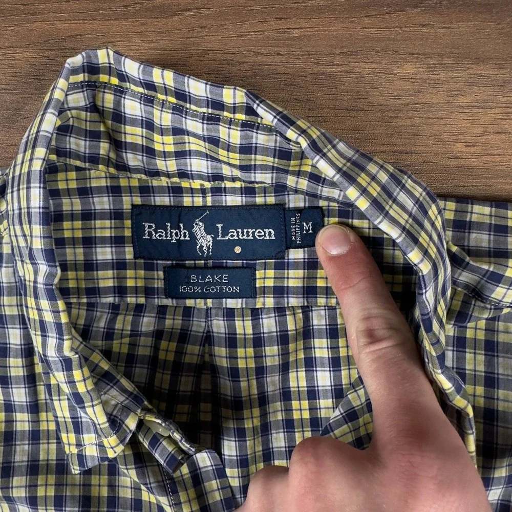 Ralph Lauren Blake Mens Medium Plaid Button Down Shirt Short Sleeve Navy Yellow
